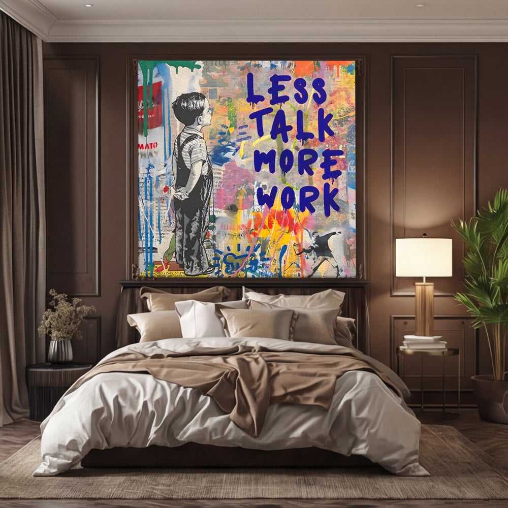 Tablou canvas cu tablou canvas cu mesaj motivational, fara rama, pe sasiu de lemn, pe perete intr-un dormitor